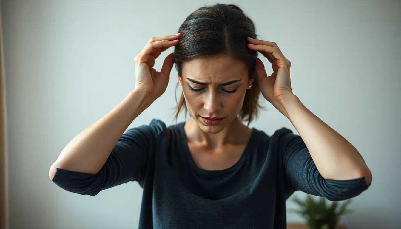 Person hält gestresst den Kopf, Symbole zeigen körperliche Belastung durch dauerhaftes Grübeln und mentalen Stress.