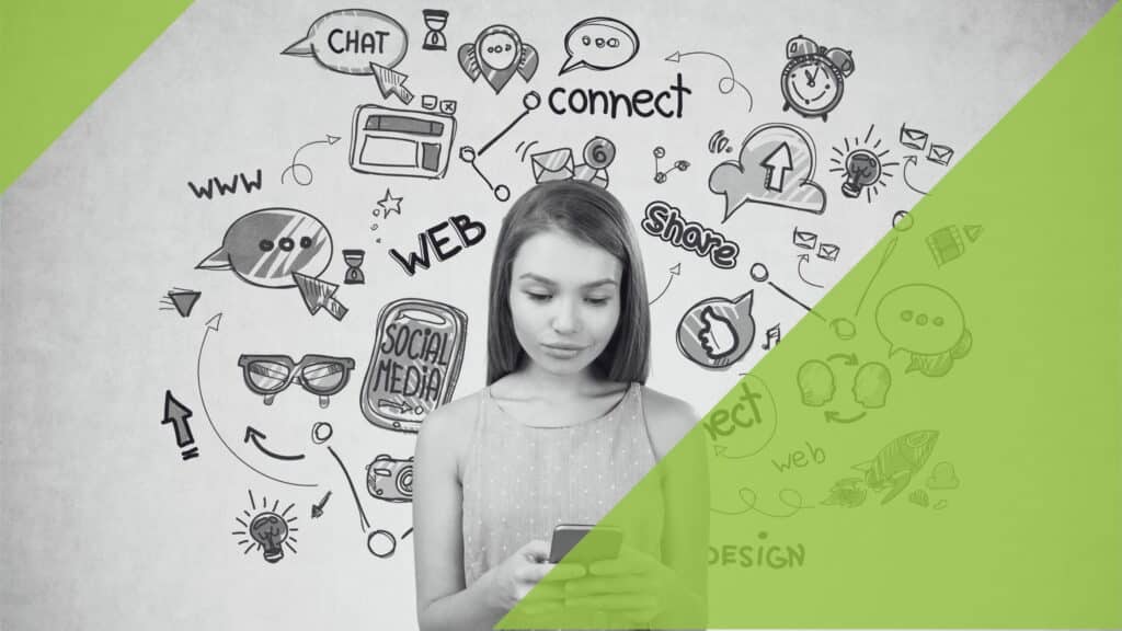 Junge Frau mit Smartphone, im Hintergrund viele Grafiken wie web, connect und Logos von Social Media Plattformen