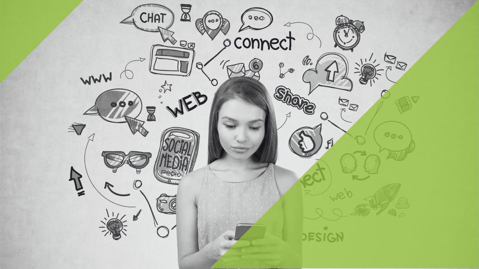 Junge Frau mit Smartphone, im Hintergrund viele Grafiken wie web, connect und Logos von Social Media Plattformen
