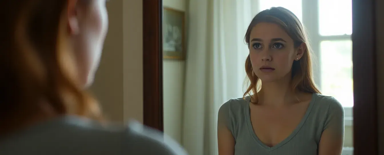 Besorgte junge Frau sieht ihr Spiegelbild. Wegen einer Agoraphobie hat sie Angst das Haus zu verlassen, um einkaufen zu gehen.
