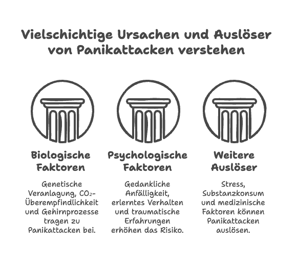 Die Grafik zeigt drei Säulen, die die psychologischen, biologischen und sonstigen Faktoren von Panikattacken darstellen.