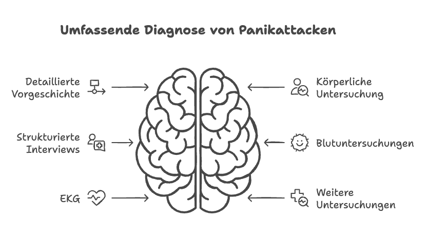 Grafik eines Gehirns und sechs verschiedener Möglichkeiten, um eine Panikattacke umfassend zu diagnostizieren.