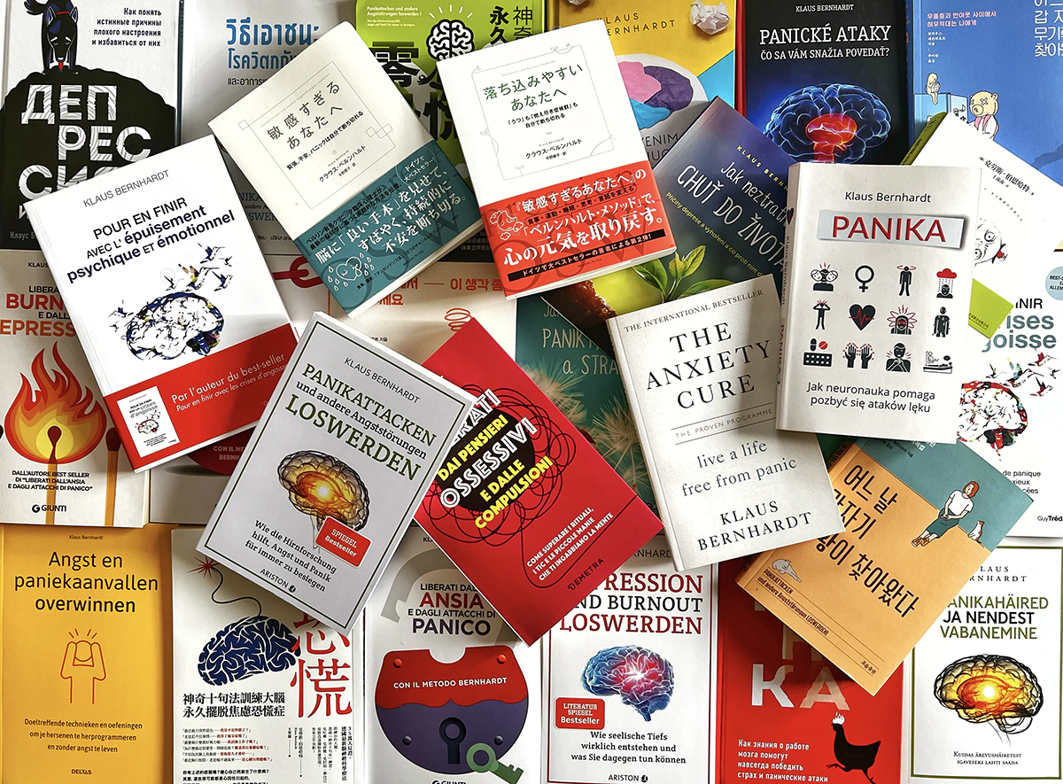 Buecher von Klaus Bernhardt ueber neurowissenschaftliche Behandlungsmethoden von Angststoerungen, Depressionen und Zwaengen gibt es unter anderem auf deutsch, englisch, franzoesisch, italienisch, tschechisch, polnisch, japanisch, chinesisch, koreanisch, belgisch, tuerkisch, estnisch, ukrainisch, mexikanisch, slowakisch, russisch, litauisch, niederlaendisch, taiwanesisch und auf thai.