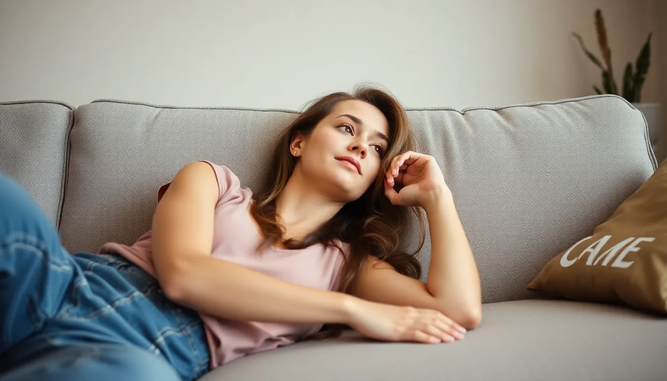 Eine junge Frau mit langen braunen Haaren liegt nachdenklich auf einer grauen Couch, den Blick nach oben gerichtet. Ein Kissen liegt daneben.