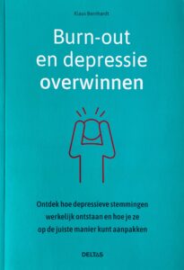 Niederlaendisches Fachbuch ueber die Bernhardt-Methode gegen Depression und Bunrout. Cover zeigt ein rotes Strichmaenchen, das sich den Kopf haelt auf tuerkisblauem Hintergrund.