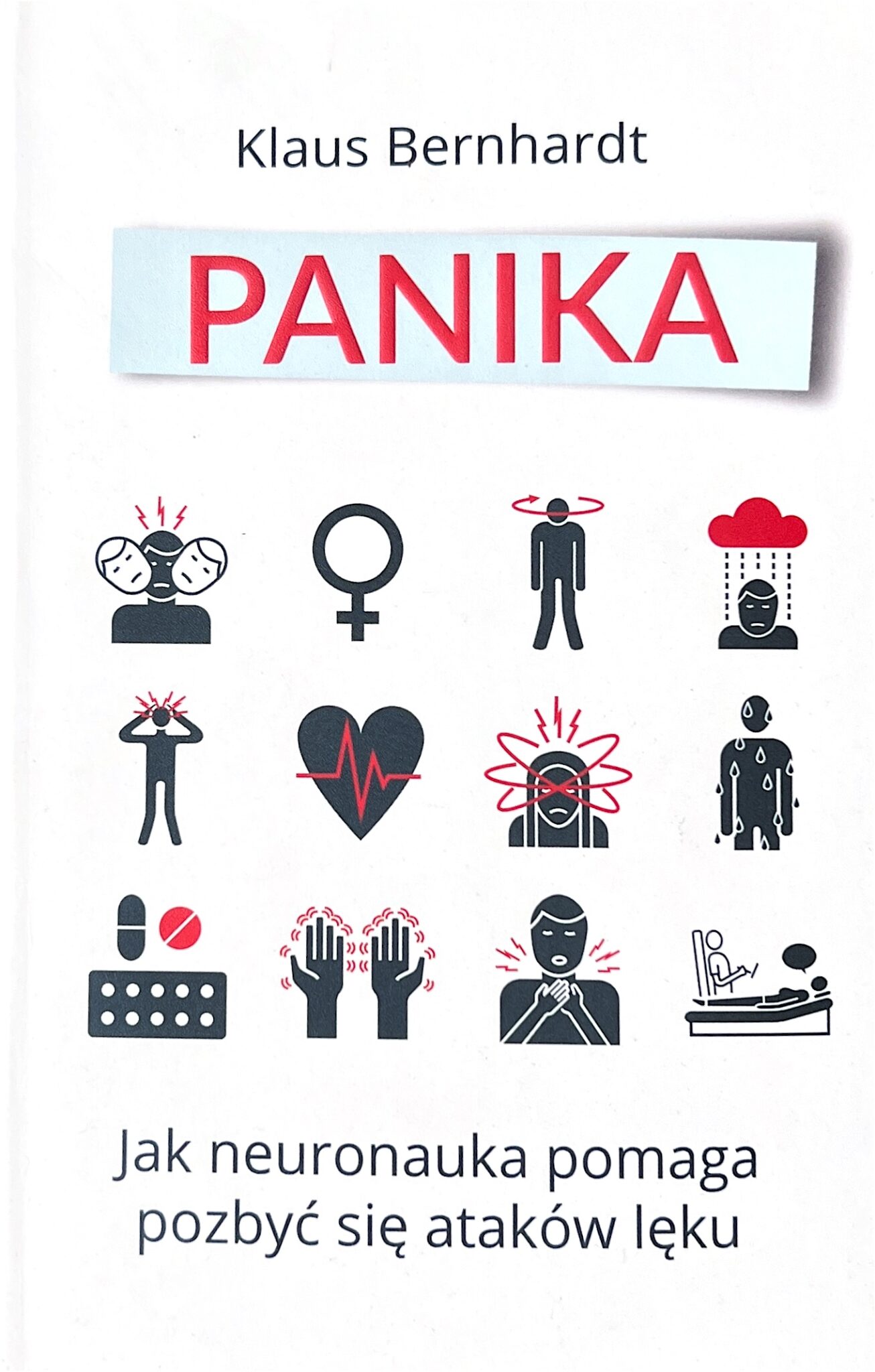Polnisches Fachbuch ueber die Bernhardt-Methode gegen Angst und Panik. Das Cover zeigt 12 verschiedene Piktogramme zum Thema Angst und Panik.