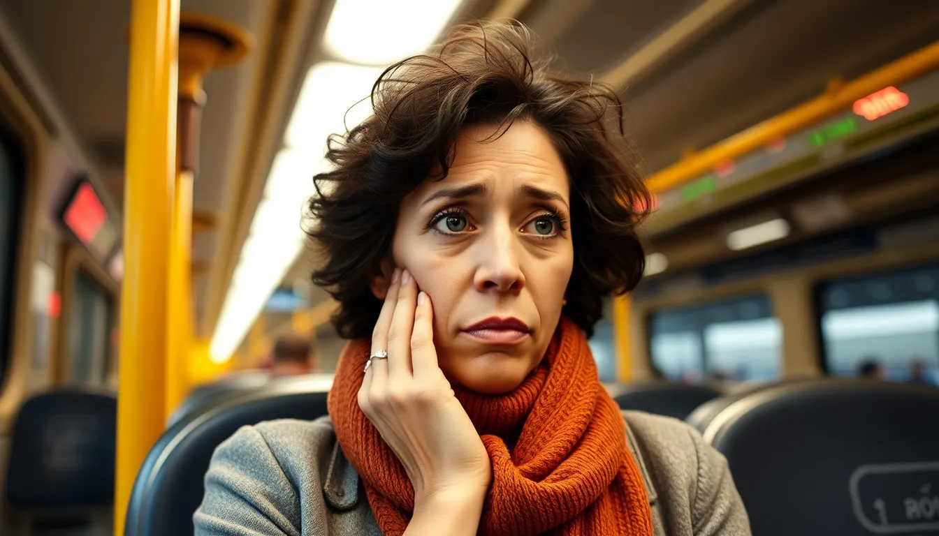 Eine verängstigt aussehende Frau mit braunen lockigen Haaren und einem orangefarbenen Schal sitzt in einem öffentlichen Verkehrsmittel und berührt ihre Wange. Ihre Augen zeigen Besorgnis, möglicherweise im Zusammenhang mit Agoraphobie.