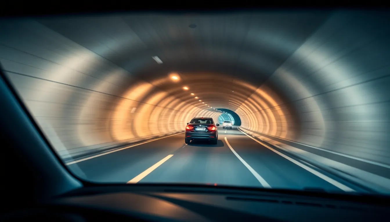 Blick aus einem Auto in einen langen Tunnel. Das beengende Gefühl kann bei Menschen mit Agoraphobie Angst auslösen. Mehrere Autos fahren voran.