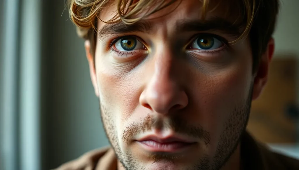 Ein nahes Porträt zeigt das ernste, leicht aengstliche Gesicht eines jungen Mannes mit hellbraunen Haaren und blauen Augen. Er leidet unter einer Sozialphobie.