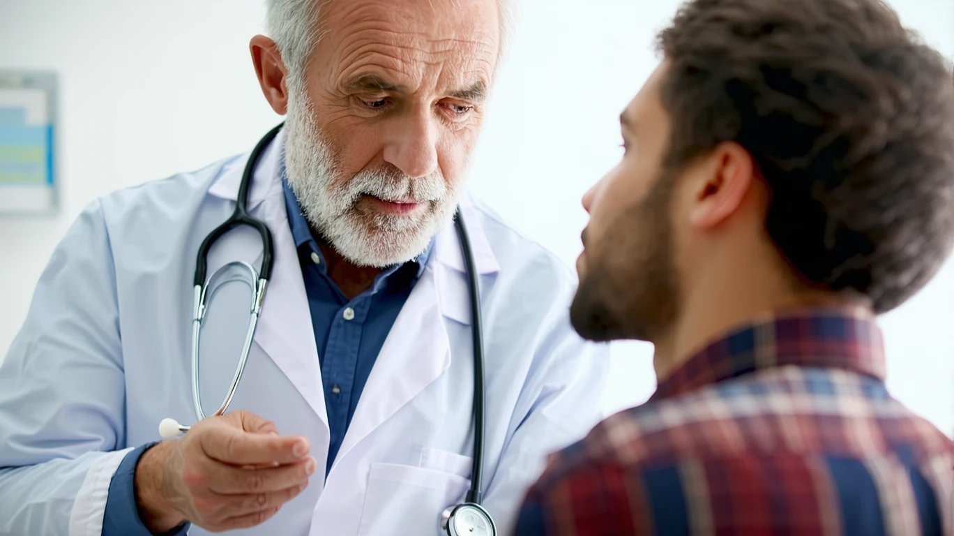 Ein Arzt im Gespräch mit einem Patienten, möglicherweise über die Diagnose oder Behandlung von Agoraphobie.