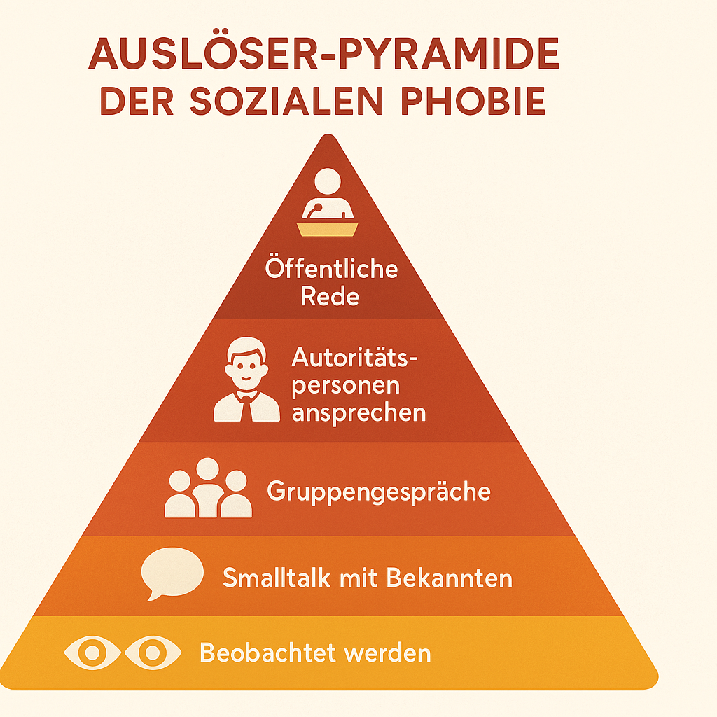 Eine Pyramide zeigt die Auslöser der sozialen Phobie, von „Beobachtet werden“ an der Basis bis zur „Öffentlichen Rede“ an der Spitze.