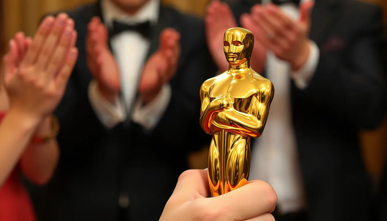 Goldener Oskar als Auszeichnung fuer hervorragende Leistung in einer Hand, im Hintergrund applaudierende Menschen in eleganter Garderobe. Symbol für Erfolg und die ueberwindung des Impostor Syndroms.