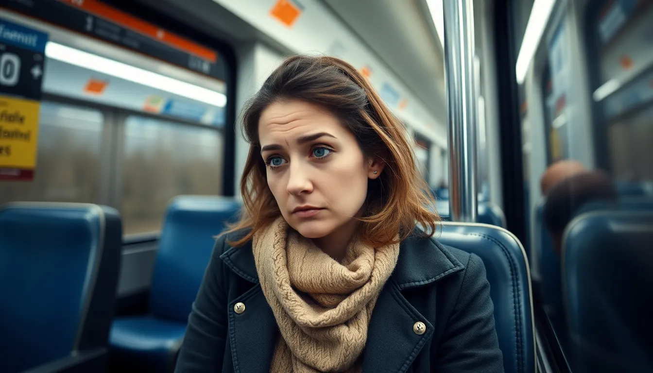 Eine hellhäutige Frau mit braunem Haar und blau-grauen Augen sitzt allein in einem Zug. Ihr Blick ist leicht gesenkt und wirkt besorgt, was auf Agoraphobie hindeuten könnte. Sie trägt einen beigen Schal und einen dunklen Mantel.