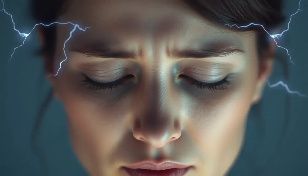Nahaufnahme des Gesichts einer Frau mit geschlossenen Augen. Blitze an den Schläfen visualisieren schmerzhafte Brain Zap nach dem Absetzen von Antidepressiva.