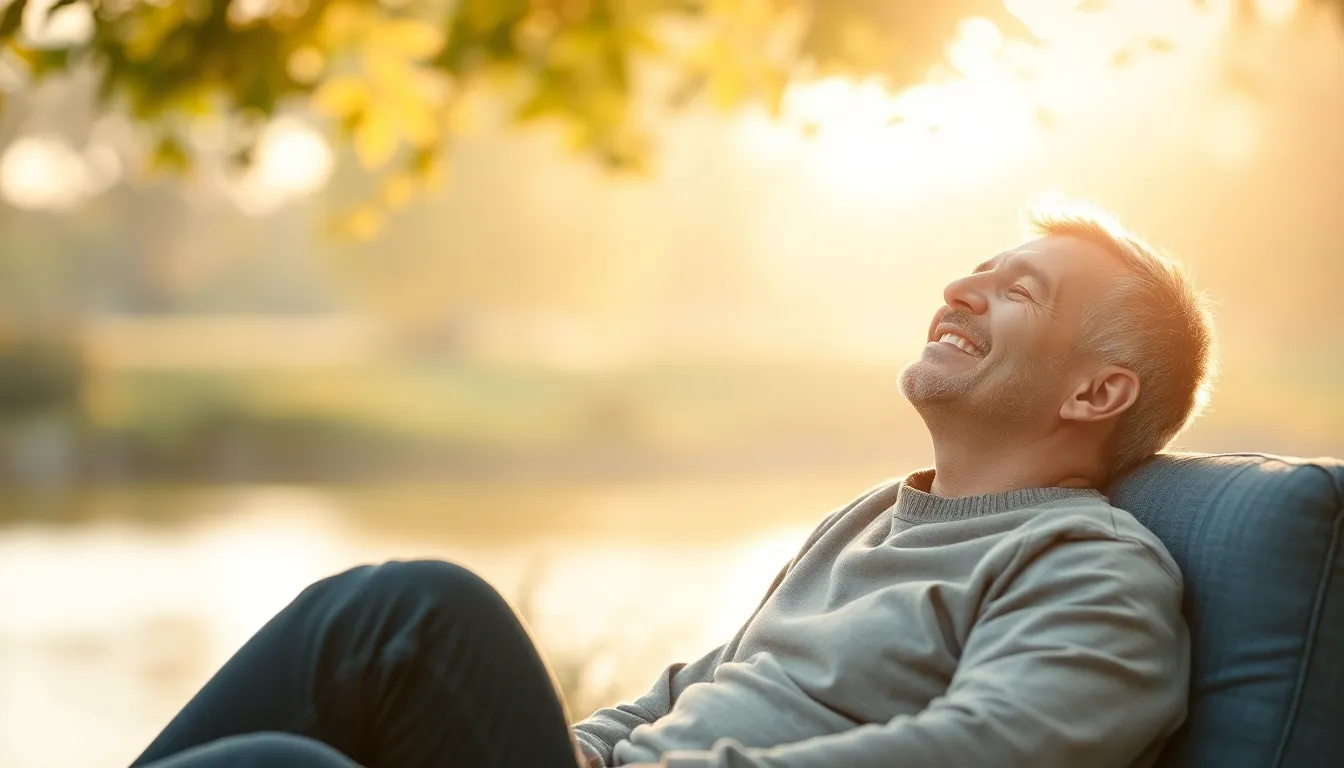 Lächelnder Mann mittleren Alters entspannt sich draußen in der Sonne, genießt die Ruhe und symbolisiert Erleichterung von Brain Zaps.