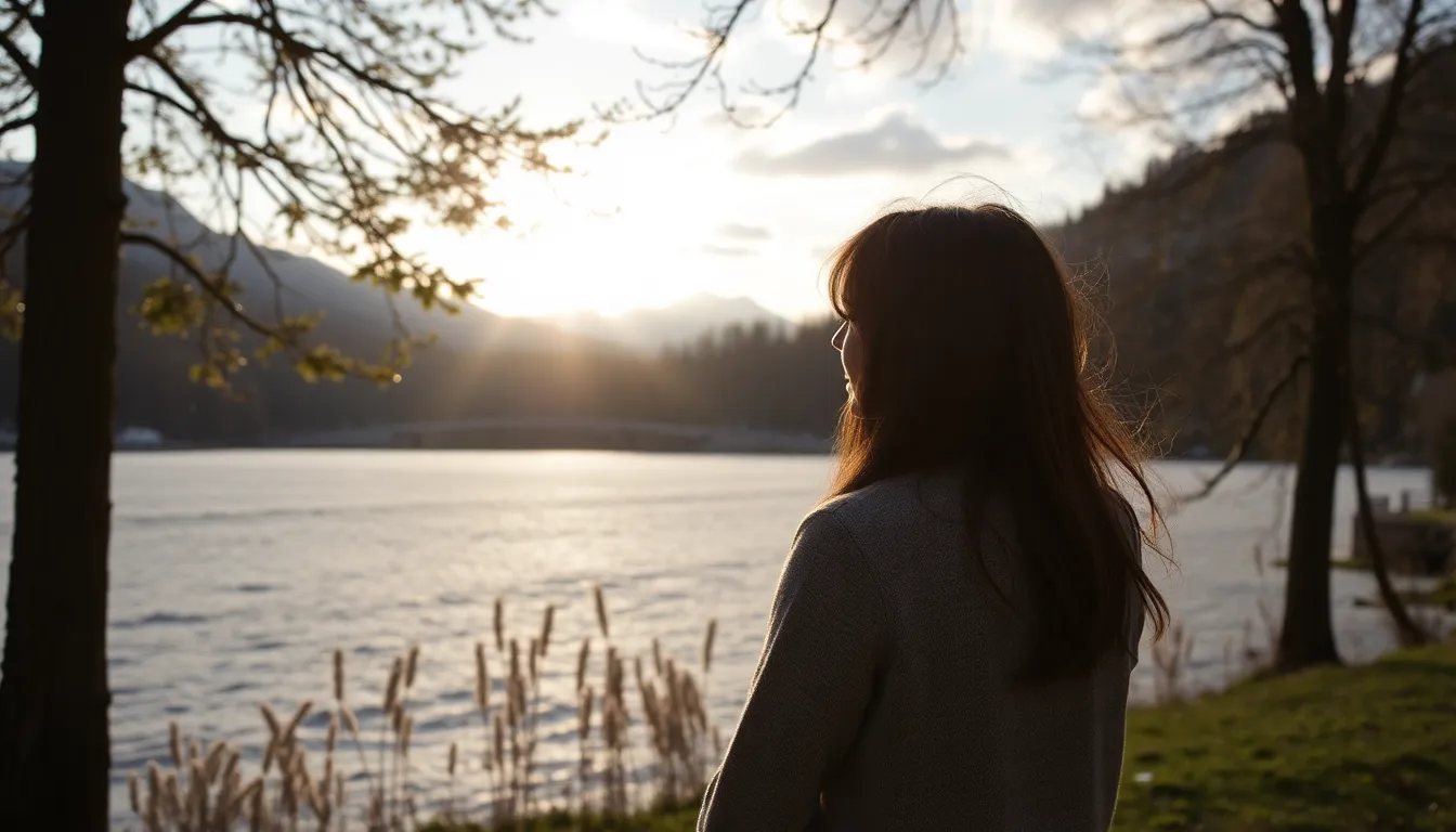 Agoraphobie. Eine Frau mit dunklen Haaren steht am Ufer eines Sees und blickt in die Ferne. Die Sonne scheint durch die Bäume, und die Landschaft wirkt friedlich und ruhig. Bild symbolisiert die erfolgreiche Ueberwindung einer Angststoerung.