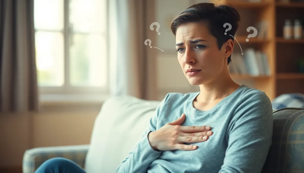 Eine besorgte Frau sitzt auf einem Sofa und hält sich die Hand auf die Brust, umgeben von Fragezeichen, die ihre Angst vor Emetophobie symbolisieren.