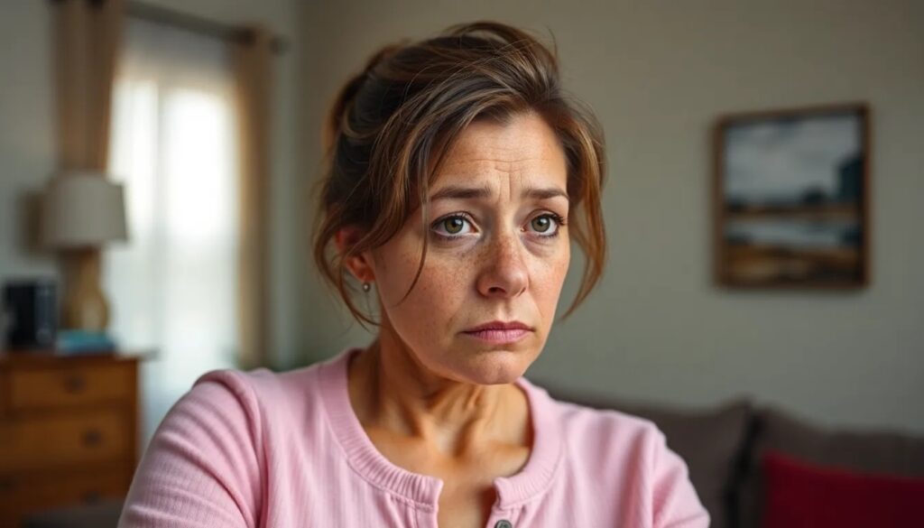 Nahaufnahme einer besorgten Frau mit angespannten Gesichtszuegen, die Anzeichen von Hypervigilanz zeigt. Sie blickt nachdenklich zur Seite.