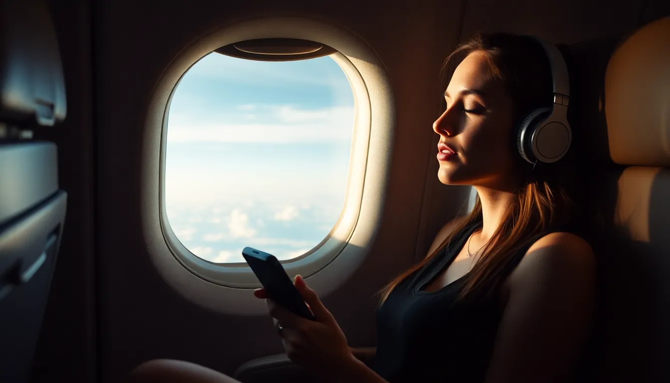 Eine junge Frau mit geschlossenen Augen und Kopfhörern sitzt entspannt am Fenster eines Flugzeugs und hält ein Smartphone in der Hand, möglicherweise eine Strategie gegen Flugangst.
