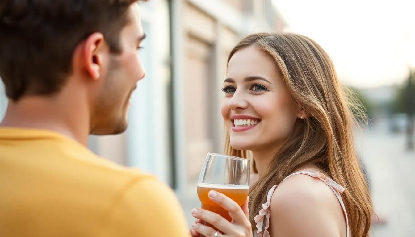 Eine lächelnde Frau mit hellbraunen Haaren hält ein Getränk und schaut einen Mann an, der im Gespräch ist, Szene sozialer Interaktion.
