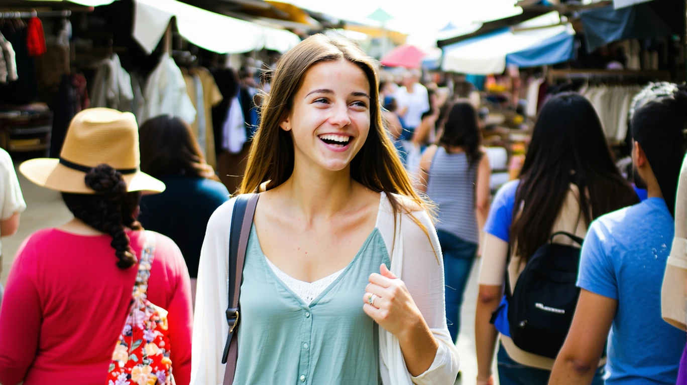 Glueckliche, laechelnde Frau auf einem belebten Markt. Ein positives Beispiel im Umgang mit Agoraphobie.