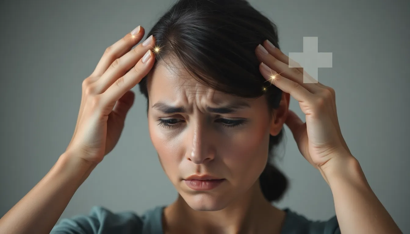 Frau hält sich mit schmerzverzerrtem Gesicht die Schläfen. Glitzernde Punkte deuten Brain Zaps an, ein Kreuz symbolisiert Hilfe.
