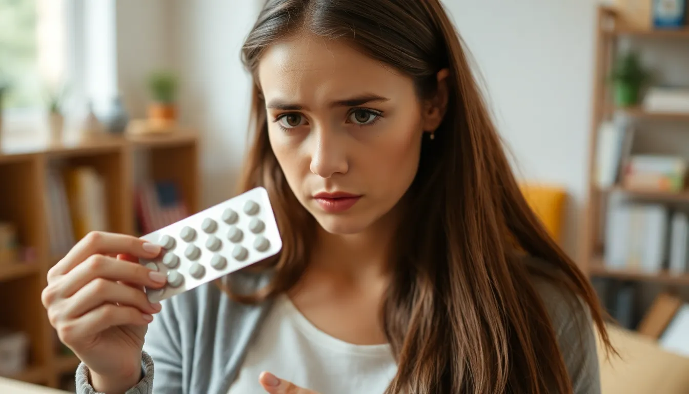 Eine junge Frau mit langen braunen Haaren betrachtet besorgt eine Blisterpackung mit Tabletten gegen soziale Phobie in ihrer Hand. Hintergrund unscharf.