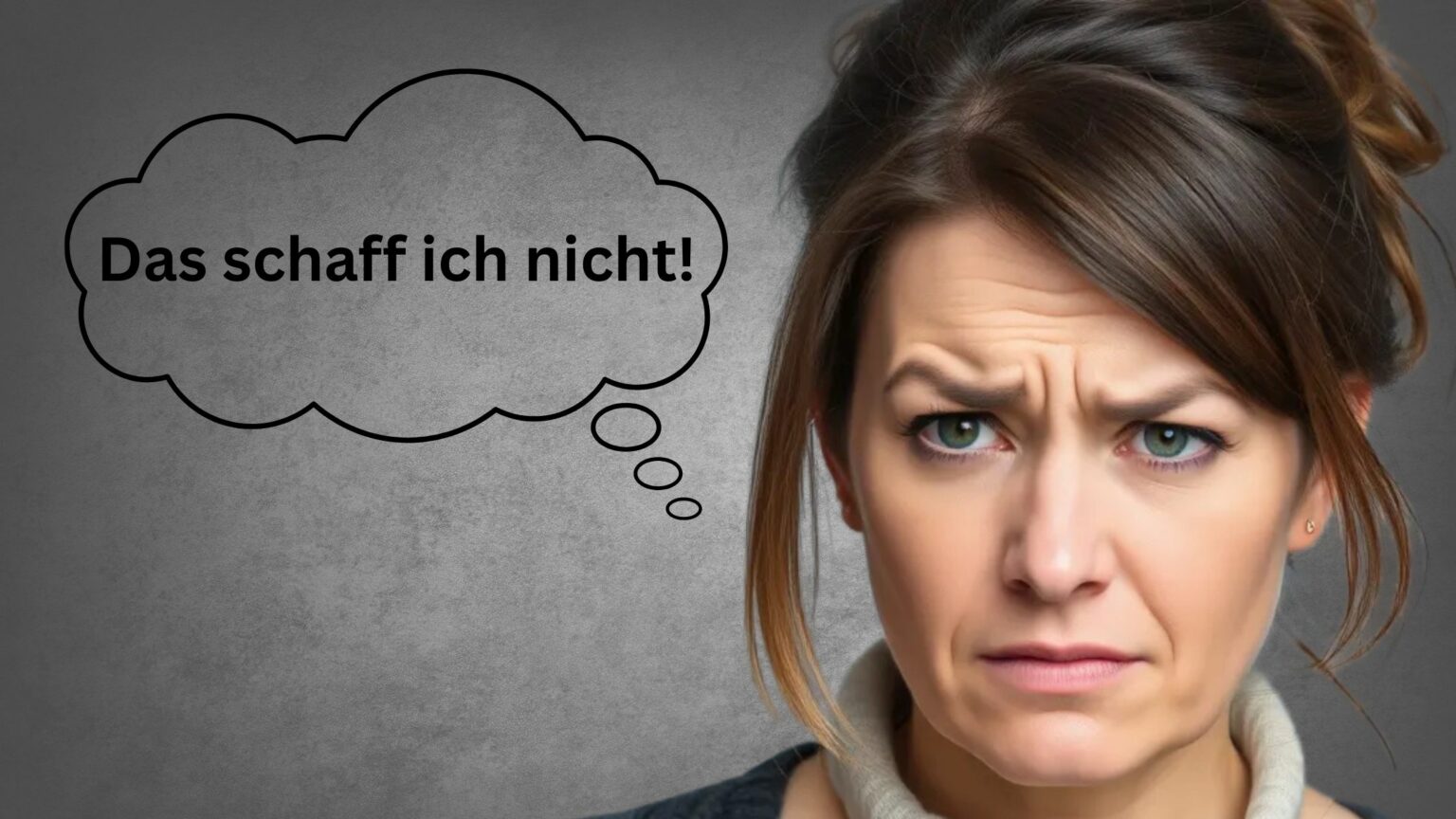 Pitching-Technik - Porträt einer Frau mit hochgezogenen Augenbrauen und besorgtem Blick, daneben eine Sprechblase mit dem Text „Das schaff ich nicht!“.