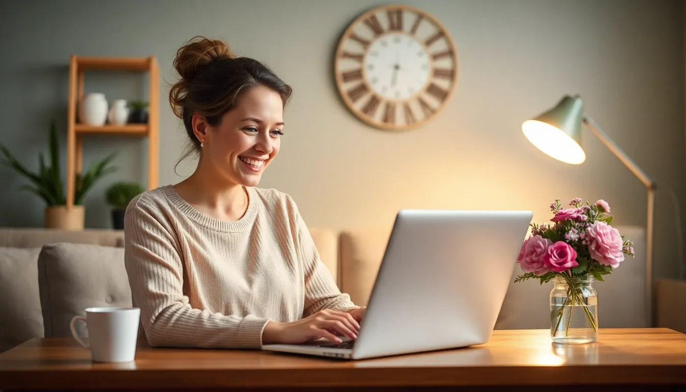 Agoraphobie. Eine lächelnde Frau mit hochgesteckten Haaren tippt auf einem Laptop an einem Holztisch in einem gemütlichen Wohnzimmer. Eine Tasse und Blumen stehen neben dem Laptop. Sie nutzt ein Online-Programm zur Ueberwindung von.
