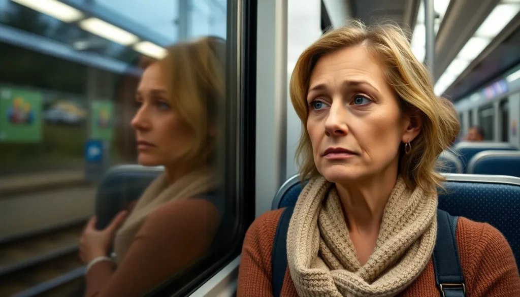 Eine blonde Frau mit Schal und Rucksack sitzt nachdenklich im Zug. Sie wirkt besorgt, ein Anzeichen für Agoraphobie in öffentlichen Verkehrsmitteln.