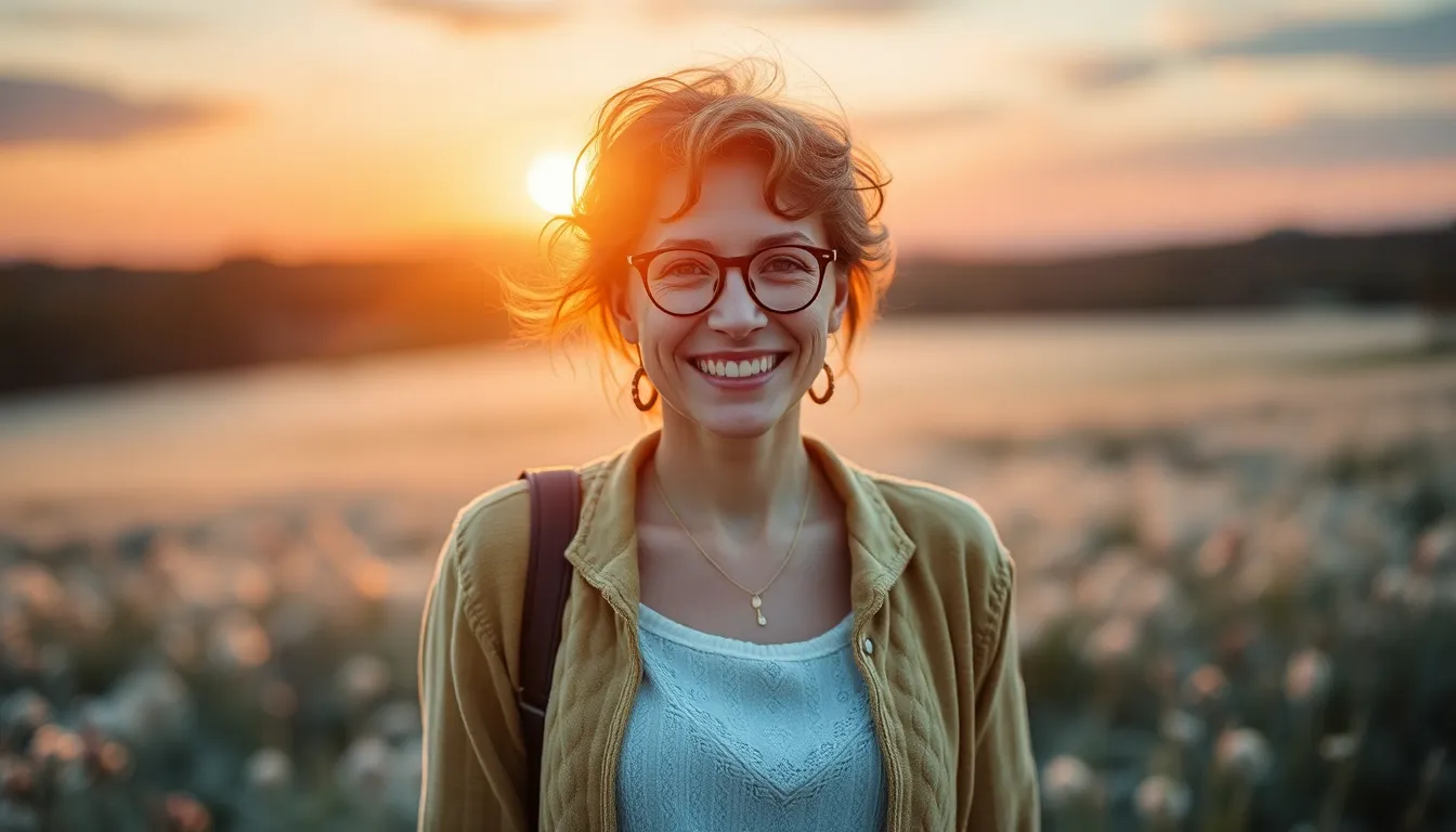 Agoraphobie. Laechelnde Frau mit Brille und lockigen Haaren vor einem leuchtenden Sonnenuntergang ueber einer ruhigen Landschaft. Die warme Abendsonne umspielt ihr Gesicht. Positive Lebensziele halfen ihr dabei Agoraphobie loszuwerden.