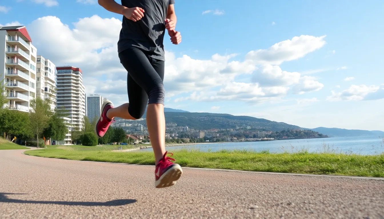Agoraphobie. Eine Person joggt auf einem asphaltierten Weg im Freien. Im Hintergrund sind Wohngebäude, ein See und Berge unter einem blau-weissen Himmel sichtbar. Der Fokus liegt auf den Beinen und Schuhen der laufenden Person.