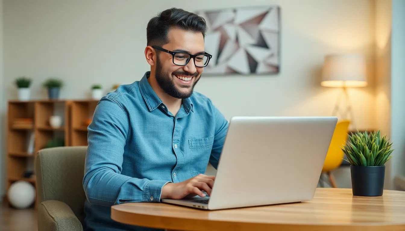 Ein junger Mann mit Brille und Bart lächelt, während er an einem runden Holztisch sitzt und auf sein Laptop schaut. Er macht mit Hilfe der Bernhardt-Methode gerade eine Online-Therapie gegen Agoraphobie.