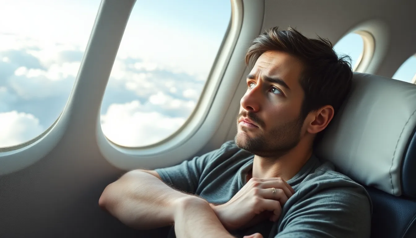 Ein junger, nachdenklich blickender Mann sitzt am Fensterplatz in einem Flugzeug und schaut nach oben, möglicherweise Anzeichen von Flugangst.