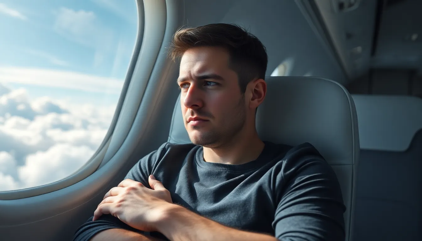 Ein junger Mann sitzt angespannt mit verschränkten Armen am Fenster eines Flugzeugs und blickt nach draußen, was auf Flugangst hindeuten könnte.