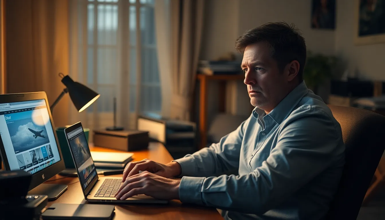 Ein Mann sitzt an einem Schreibtisch mit zwei Computermonitoren und tippt auf einem Laptop, möglicherweise auf der Suche nach Informationen oder Unterstützung für seine Flugangst.
