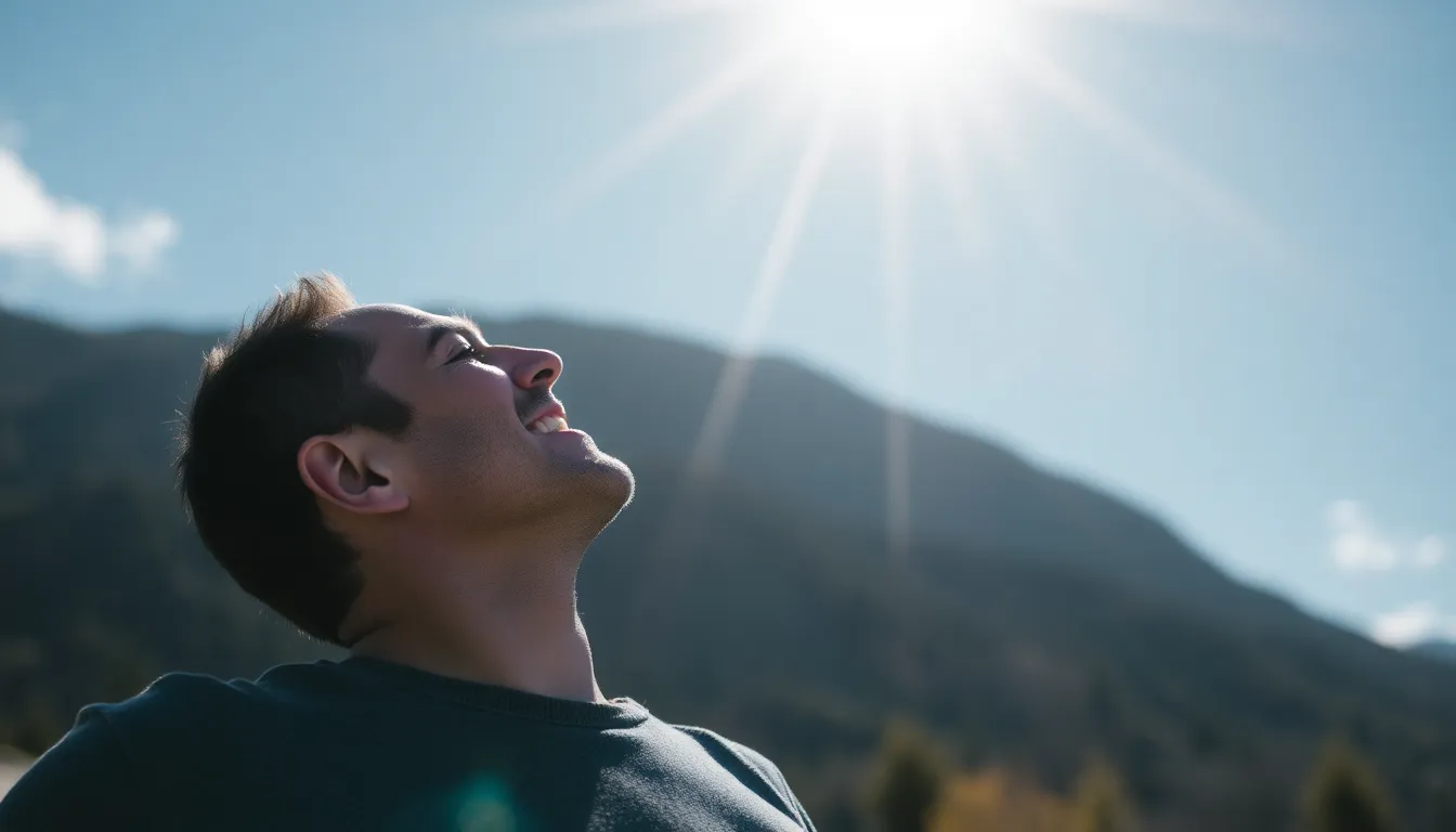Ein Mann blickt laechelnd in die helle Sonne vor einem blauen Himmel und Bergen. Seine Haltung strahlt Genuss und Optimismus aus.
