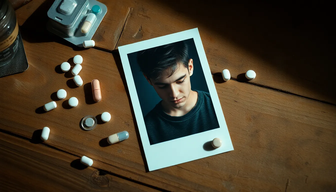 Soziale Phobie – Auf einem Holztisch liegt das Polaroid-Foto eines jungen Mannes, der unter sozialer Phobie leidet. Auf und neben dem Foto liegen zahlreiche Medikamente gegen diese Angststörung.