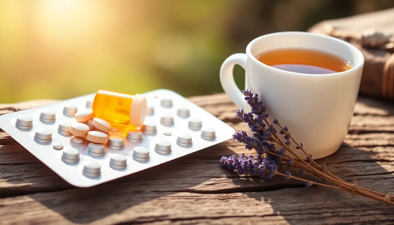 Auf einer rauen Holzoberfläche liegen eine Blisterpackung mit weissen Tabletten, eine offene orangefarbene Pillendose, eine Tasse heller Tee und ein Bund violetter Lavendel. Symbolische Darstellung der Behandlung von Agoraphobie.