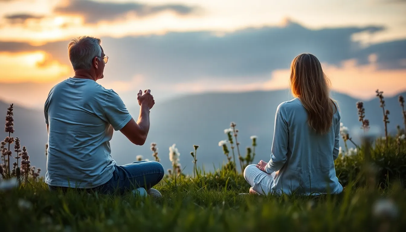 Agoraphobie. Zwei Personen sitzen im Lotussitz auf einer grünen Wiese und meditieren. Im Hintergrund ist ein malerischer Sonnenuntergang über einer Berglandschaft zu sehen. Die Atmosphäre wirkt ruhig und friedlich.