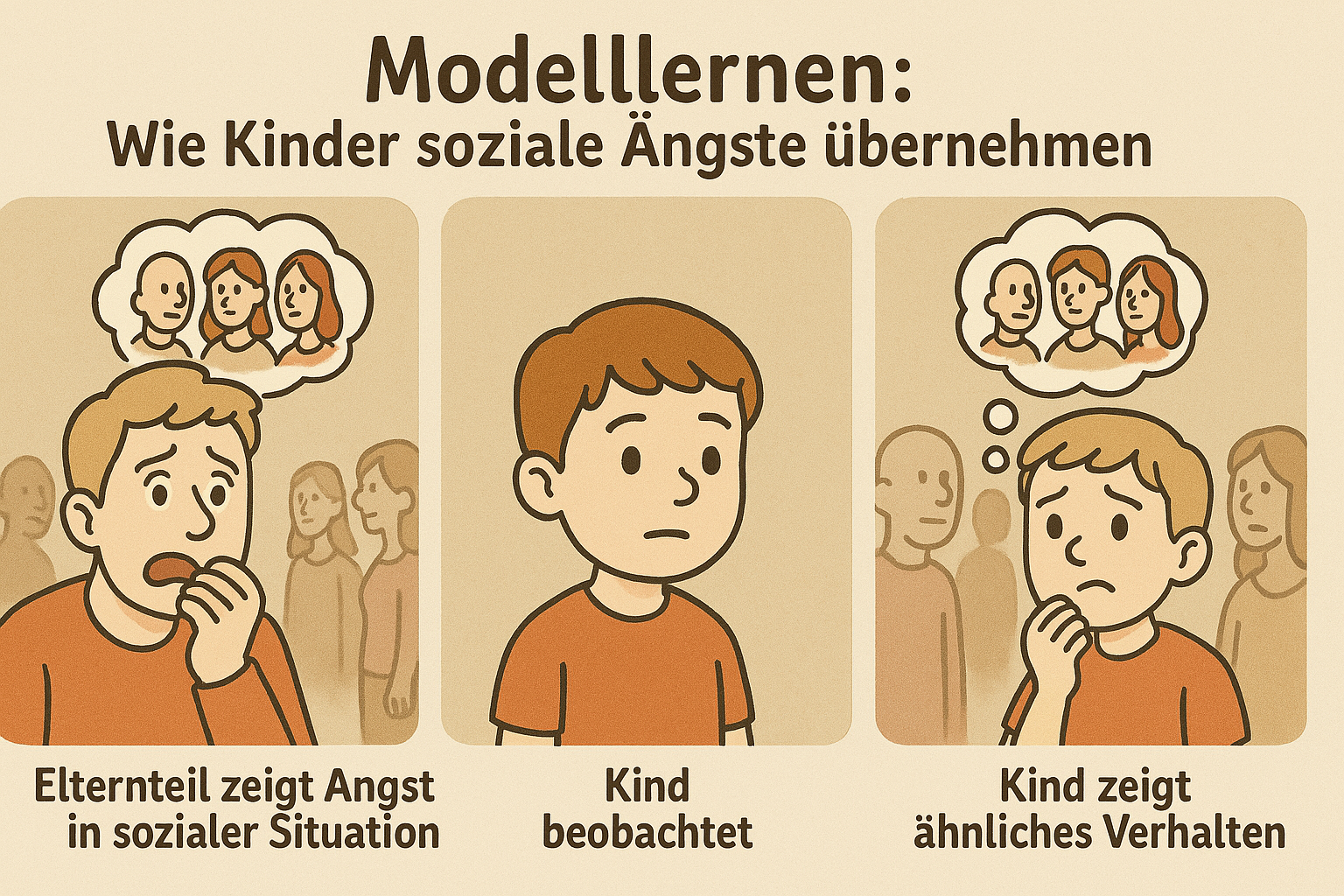 Illustration zum Modelllernen: Elternteil mit sozialer Phobie zeigt Angst, Kind beobachtet und zeigt später ähnliches Verhalten in sozialen Situationen.