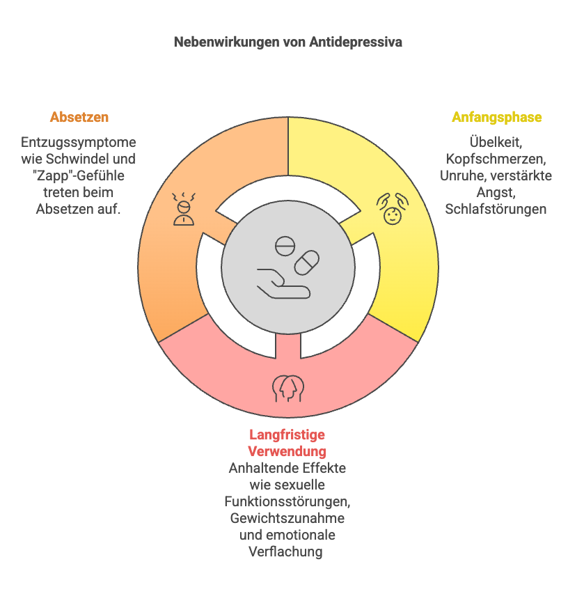 Grafik zu Nebenwirkungen von Antidepressiva: Absetzen (Schwindel), Anfangsphase (Übelkeit, Angst), Langfristige Verwendung (sexuelle Störungen, Gewichtszunahme).