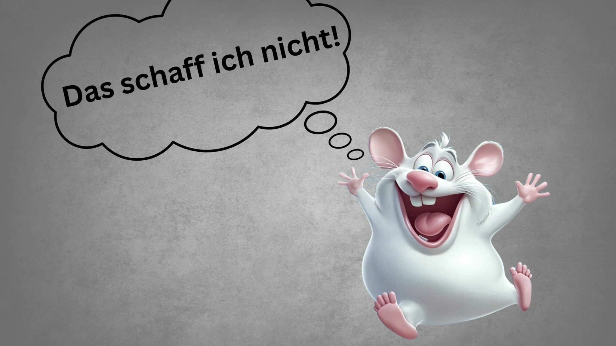 Froehliche, weisse Cartoon-Maus mit grossen Ohren und breitem Grinsen springt in die Luft. Die Pitching-Technik nutzt Humor und Selbstironie um Angst zu ueberwinden.