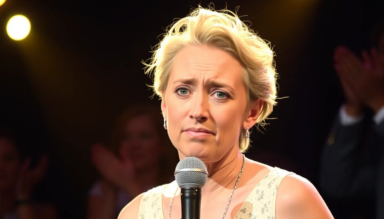 Nahaufnahme einer blonden Saengerin auf der Buehne, die verlegen Applaus entgegennimmt. Sie hat ein unglueckliches Gesicht wegen Impostor Syndrom.
