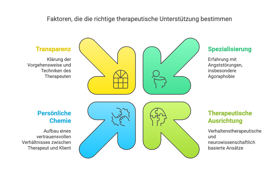 Grafik "Faktoren, die richtige therapeutische Unterstuetzung bestimmen" zeigt: Spezialisierung (Erfahrung mit Agoraphobie), Transparenz, persoenliche Chemie und therapeutische Ausrichtung.