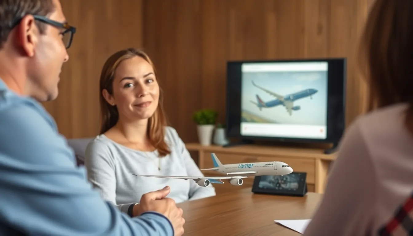 Eine Frau lächelt, während ein Mann und eine weitere Person mit ihr an einem Tisch sitzen, auf dem ein kleines Modellflugzeug steht, im Hintergrund ein Bildschirm mit einem Flugzeug, möglicherweise eine Therapiesitzung zur Bewältigung von Flugangst.
