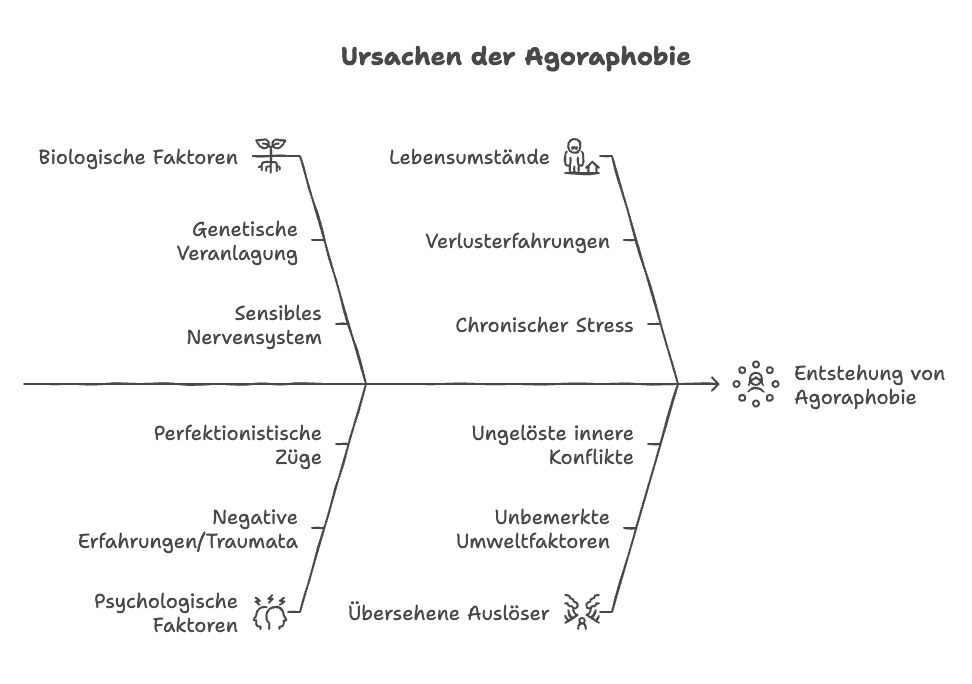 Ursachen der Agoraphobie als Ishikawa-Diagramm: Biologische, psychologische Faktoren und Lebensumstaende beeinflussen die Entstehung.