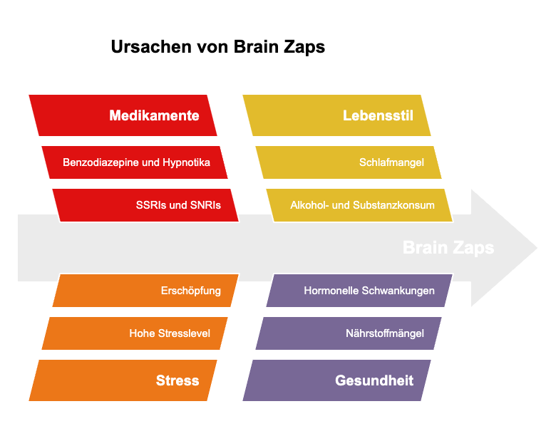 Infografik zeigt mögliche Ursachen für Brain Zaps. Faktoren sind gruppiert: Medikamente, Lebensstil, Stress und Gesundheit.