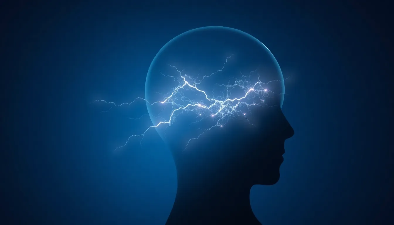 Silhouette eines menschlichen Kopfes im Profil auf blauem Grund. Im Inneren sichtbare, helle Blitze symbolisieren Brain Zaps.
