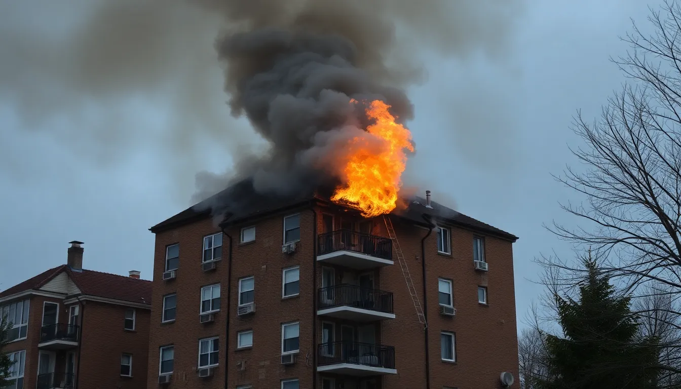 Wohnung steht in Flammen. Flammen schlagen aus dem Dach, begleitet von dunklem Rauch. Gefahr und Angst sind spuerbar.